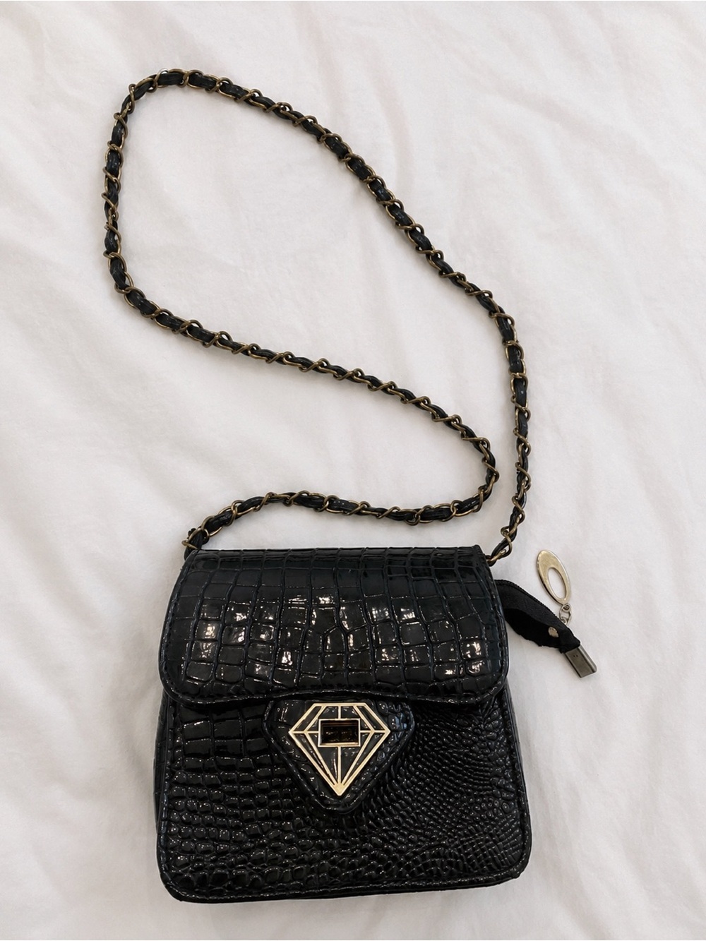 Y2K Black Croc Embossed Shoulder Bag Gold Chain Purse